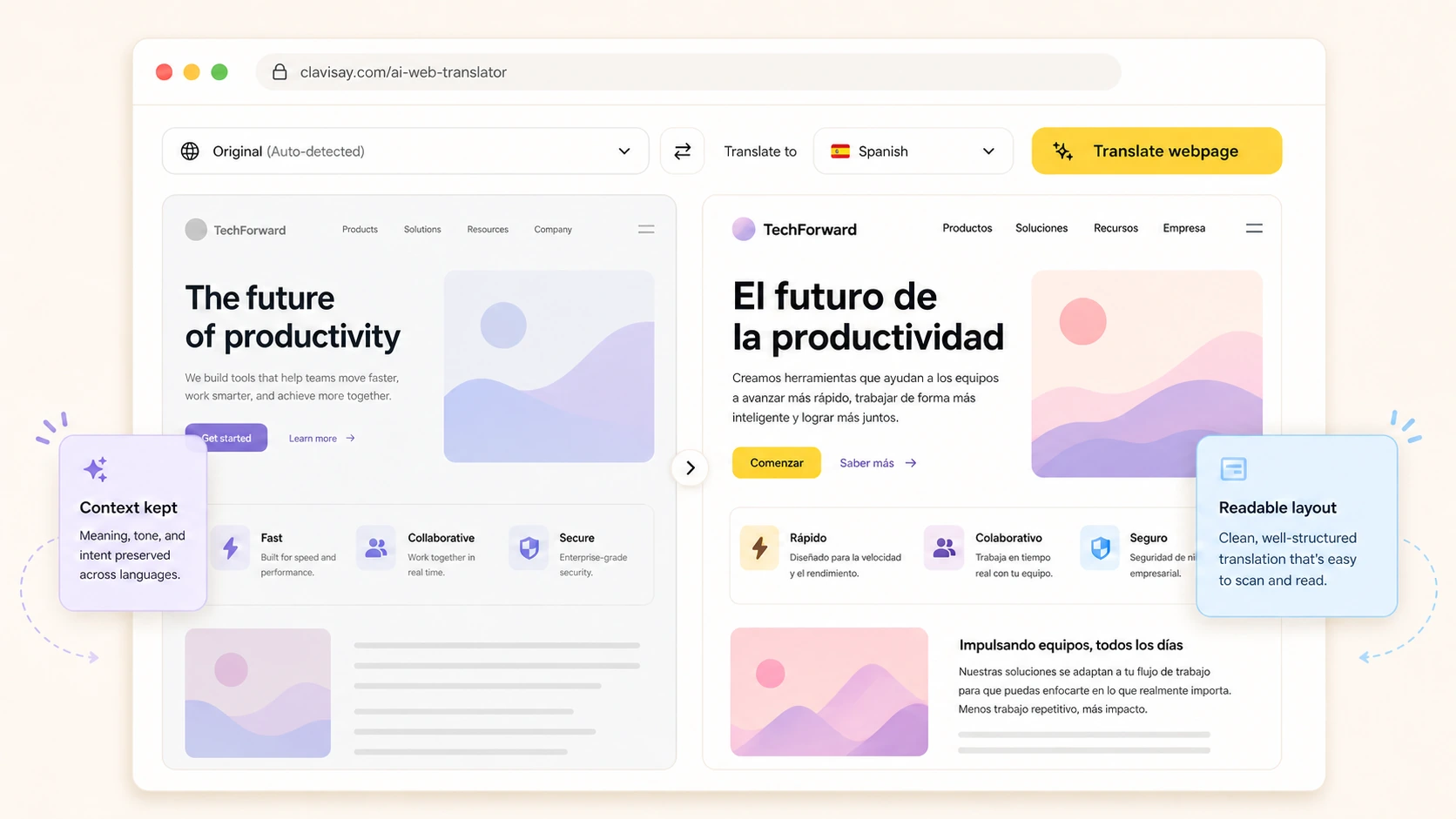 AI Web Translator interface translating a webpage