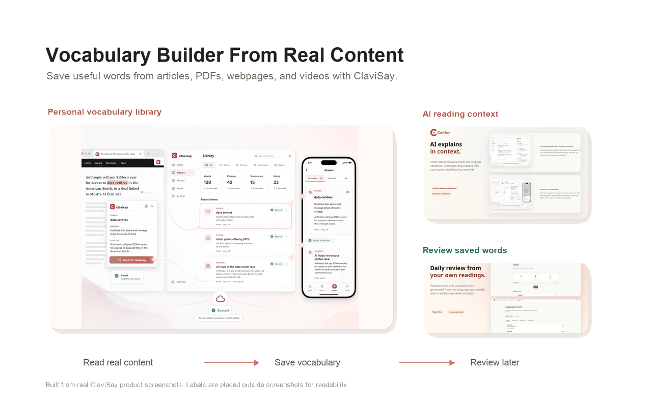 A connected ClaviSay workflow from reading real content to saving and reviewing vocabulary