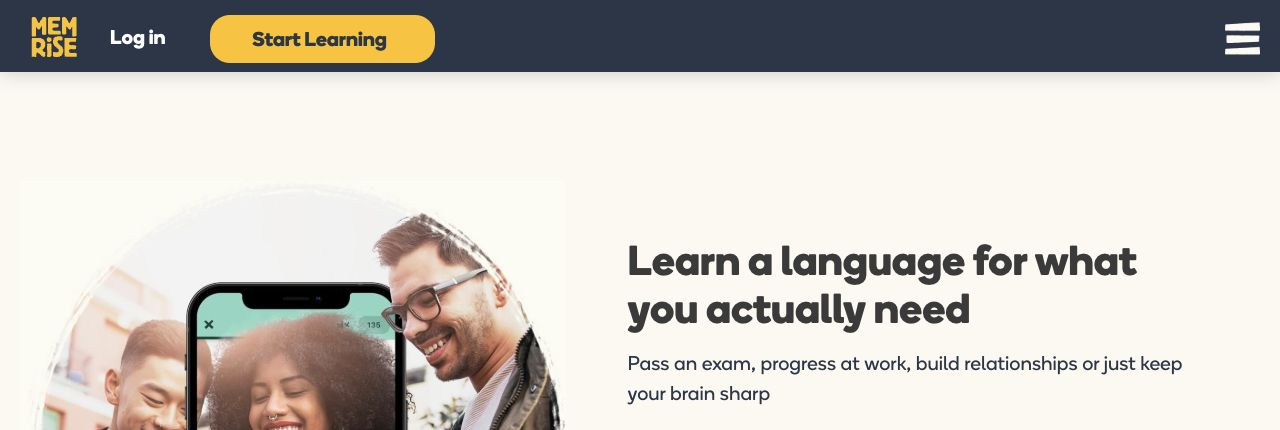 Memrise homepage showing a guided language learning course experience