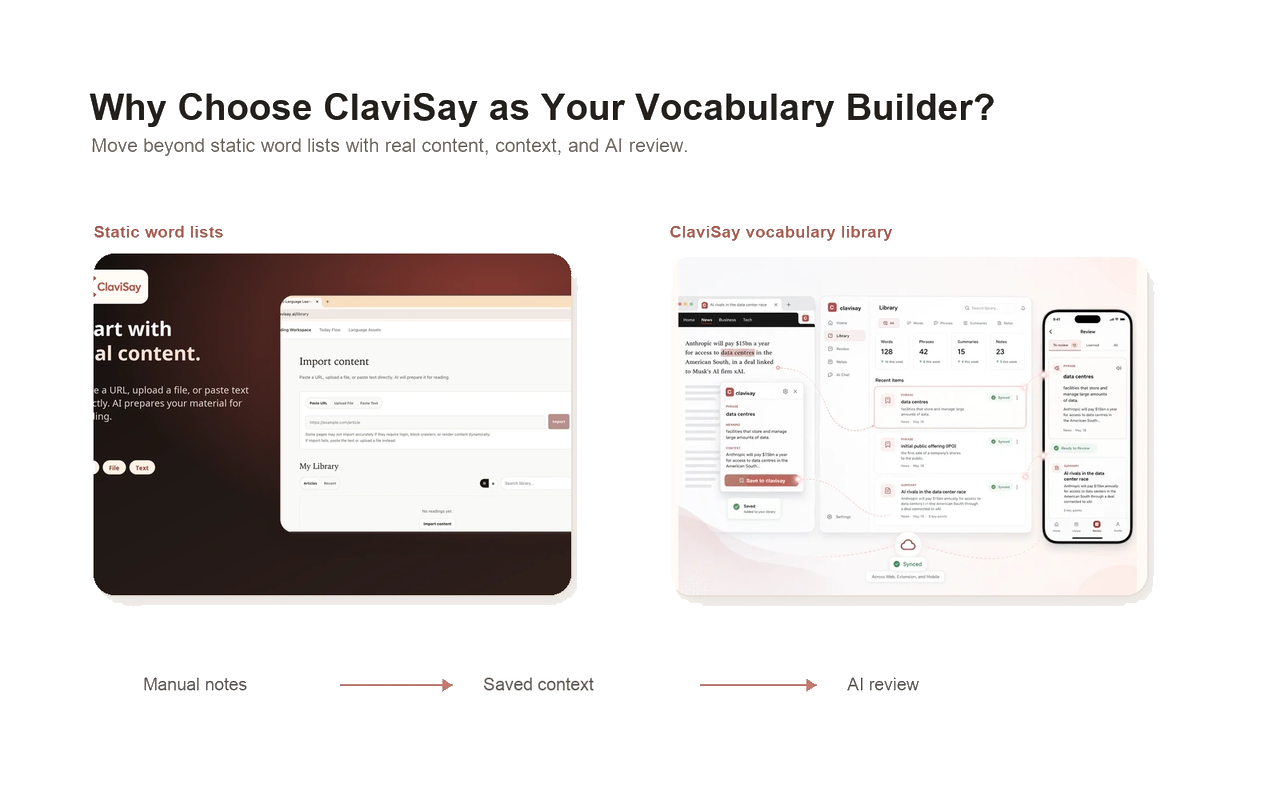 ClaviSay vocabulary builder compared with static word lists