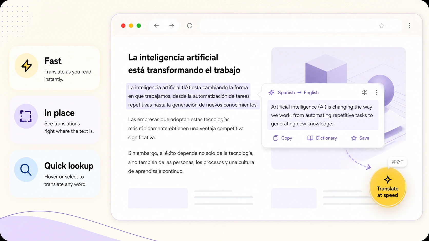 Fast webpage translation and reading directly in a browser