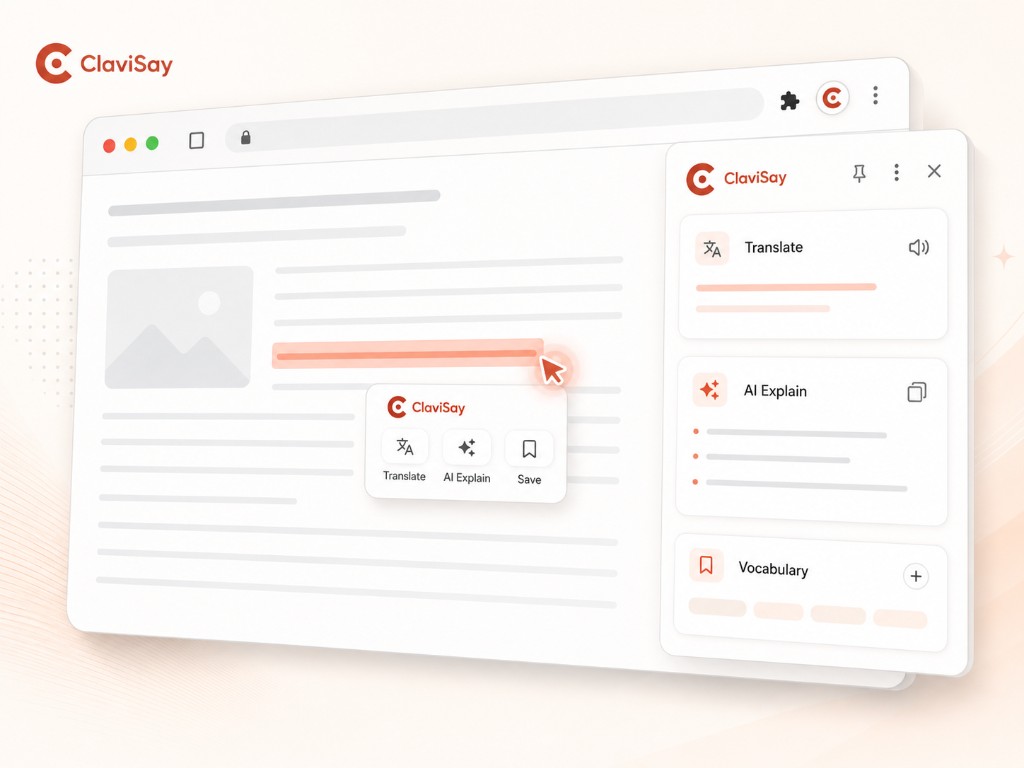 ClaviSay browser extension translating selected text with Translate, AI Explain, and Save to vocabulary