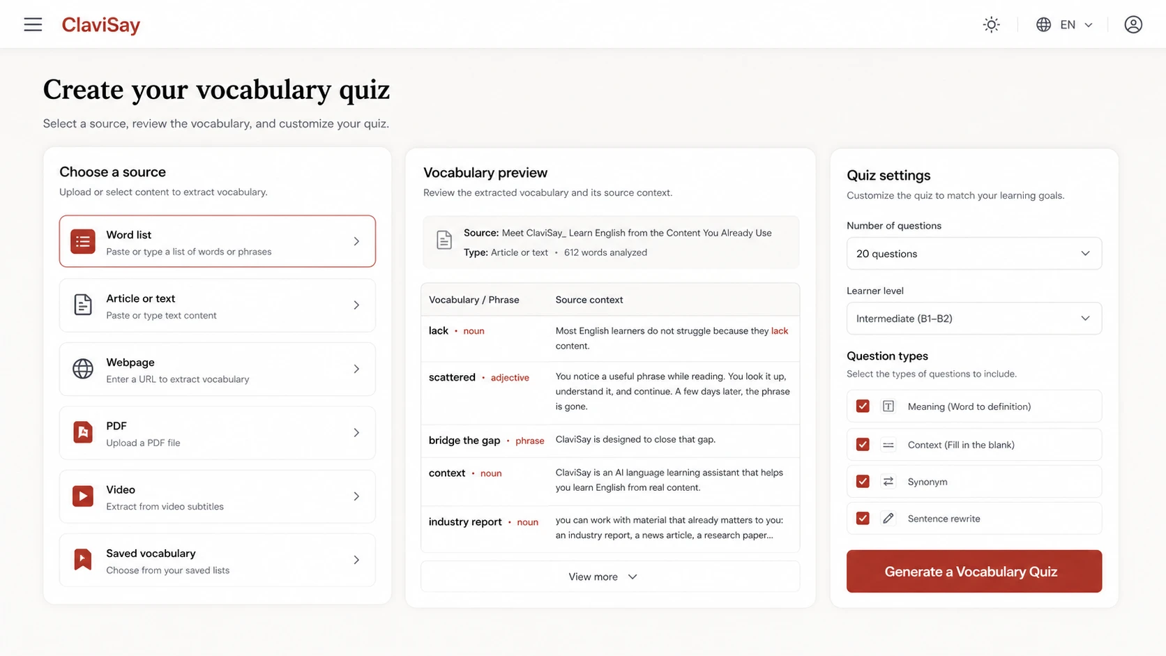 Vocabulary quiz generator input workspace
