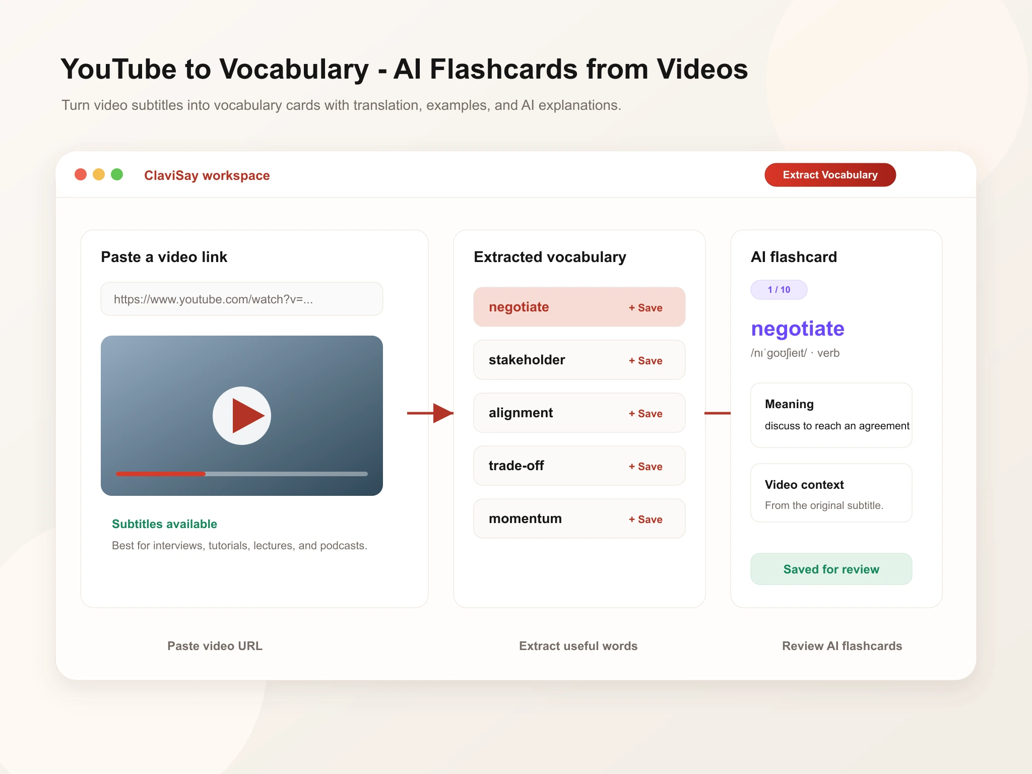 YouTube to vocabulary flashcards from video subtitles